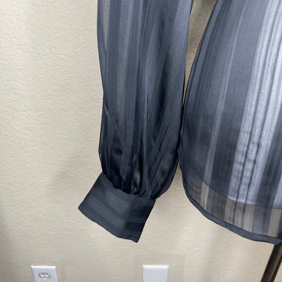 H&M Women's Black Sheer Stripe Weave Mock Neck Balloon Sleeve Blouse Plus Sz 14 - Picture 3 of 12